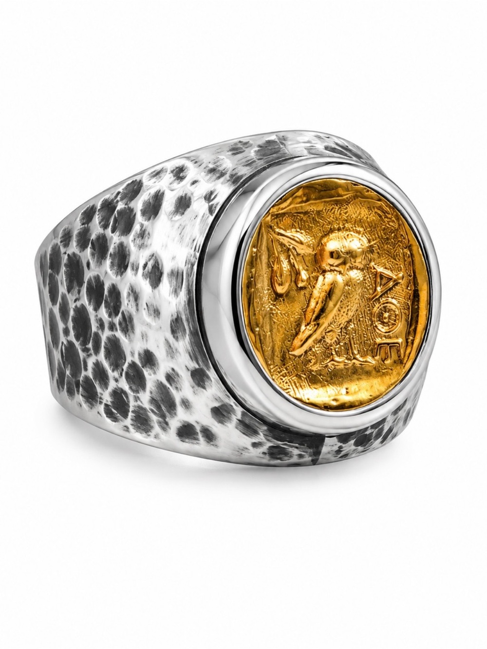VINTAGE • Sterling Silver Hammered Signet Ring Owl AOE of the Athenian